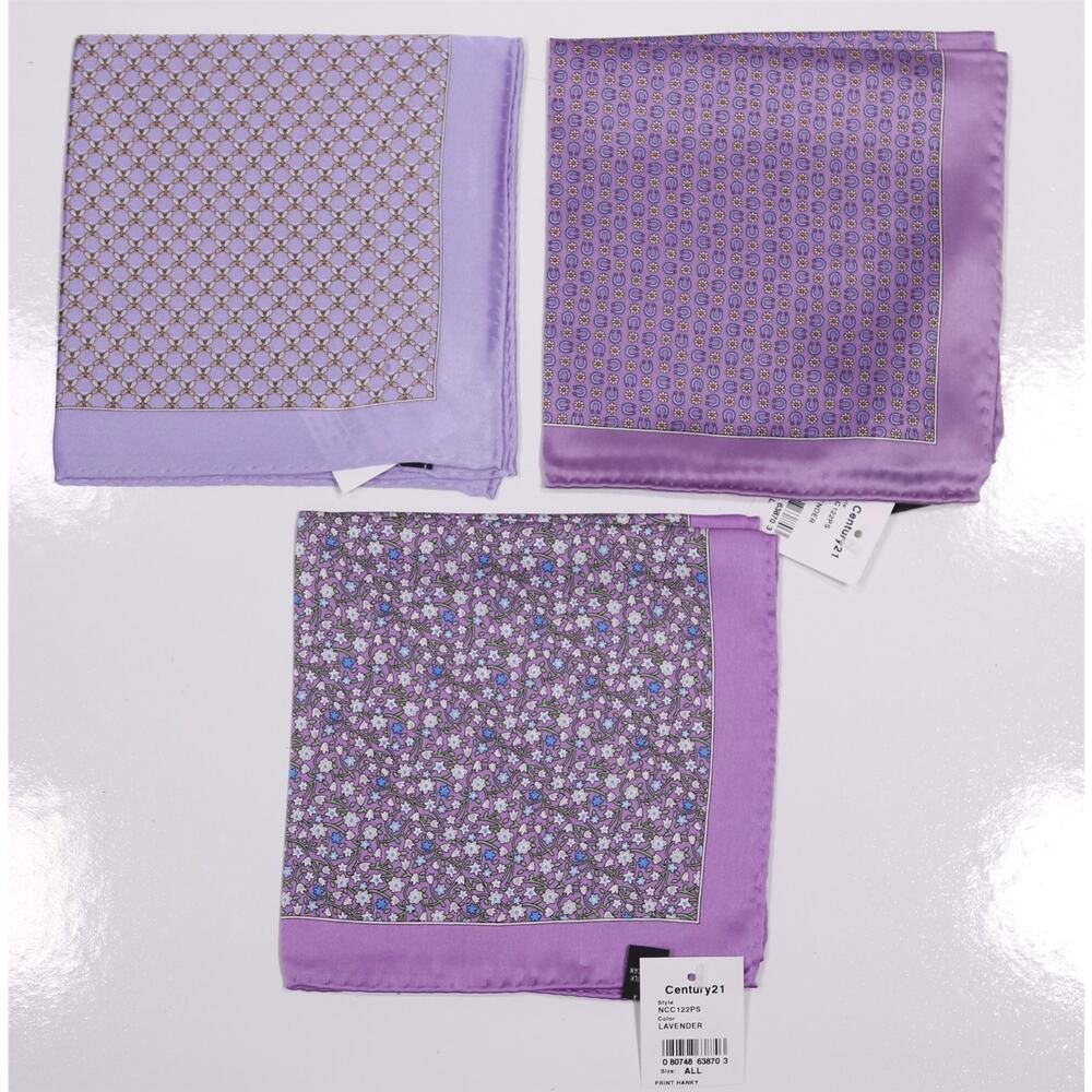 Lot of 3 Purple Hand Rolled Silk Pocket Squares Floral Hoseshoes Butterflies New